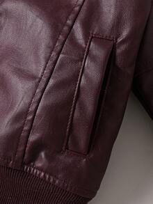 Young Boy Winter New Thermal Lined Thick PU Leather Jacket With Cartoon Bear Badge Design, Fashionable Versatile Retro Lapel Collar Cold-Proof Outerwear - Burgundy - View 5