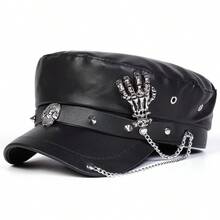 1pc Women's Metal Buckle Leather Cap - Black - View 5