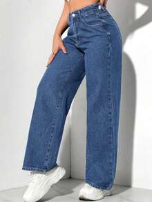 Calça Wide Leg Pantalona Jeans Feminina Cintura Alta Levanta Bumbum PLUS Size - Lavagem escura - Visão 4