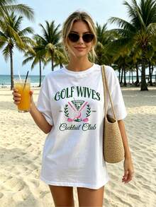 Golf Wives Minimalist Graphic, Women's White Basic T-Shirt, Casual Summer Use, Cotton Blend Fabric - White - View 1
