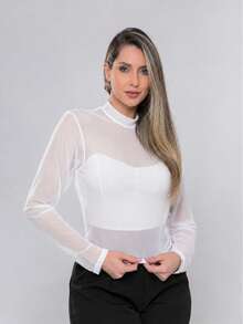 Women's Long-Sleeved Tulle Blouse With Elegant High Neck - Casual And Fashionable, Simple, Transparent, No Holidays, Nightwear, All Seasons - 白色 - 查看 7