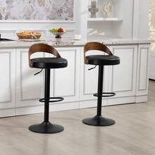 Set Of 2 360° Swivel Bar Stools With Black Walnut Wood Backrest And PU Seat Cushion, Height Adjustable. Suitable For Kitchens. - Black - View 6