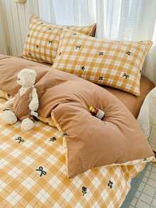 4PCS Yellow Plaid Cherry Bow Pattern Duvet Cover Set, Breathable For Spring/Summer, Includes 1 Duvet Cover, 1 Bed Sheet, 2 Pillowcases, Duvet Insert And Pillow Insert Not Included, Pillowcase Pattern Randomly Cut - Yellow - View 11