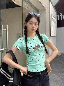 星星字母印花波點 Y2K 女款夏季修身顯身材圓領短袖上衣休閒款 - 薄荷綠 - 查看 5