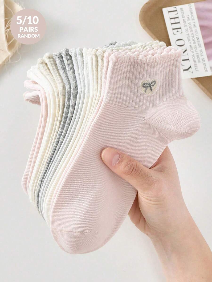 30/20/10/5雙女款可愛甜美透氣愛心與蝴蝶結圖案短款隱形船襪、踝襪與短襪,白色襪子、粉色襪子,學院風,適合日常休閒穿著,適用春夏秋冬,美學風格 - 彩色 - 查看 1