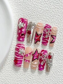10片裝 Y2K 風格手工穿戴甲，Polygel 美甲套組，星星、鏈條、線條、豹紋，粉色與銀色指甲油，甜酷風，附美甲工具，3 種尺寸可選，杏仁形、鴨嘴形、棺材形，適合派對、跳舞、日常配戴 - 彩色 - 查看 15