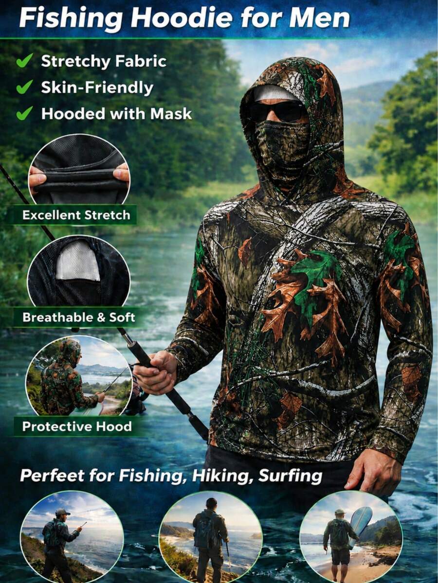 Men's Lightweight Breathable Fishing Hoodie, UV Protection Sun Protection Shirt Sports - Multicolor - View 1
