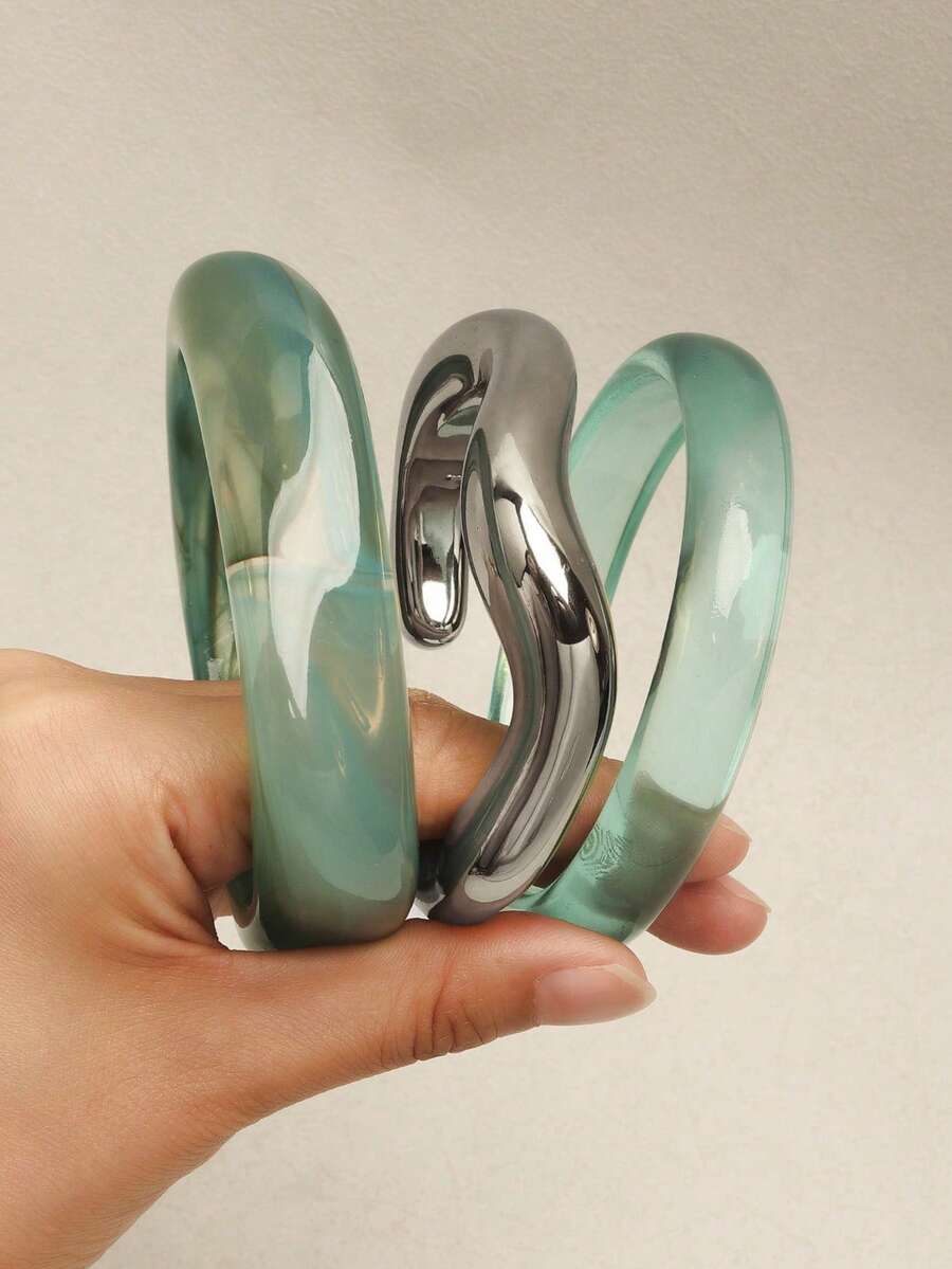 3件裝復古藝術樹脂大理石紋女款手鐲,個性化幾何圓形樹脂手環 - 藍色 - 查看 1