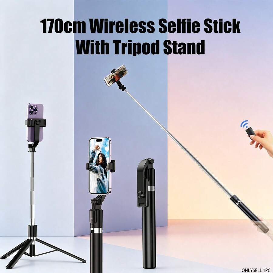 Palos de selfie Bluetooth portátil plegable extendible de 170cm, soporte de trípode de piso todo en uno para teléfono, soporte portátil para selfie y transmisión en vivo de teléfono, fotografía con control remoto Bluetooth, soporte para videos cortos y grabación de vlogs - 170 cm/66,9 pulgadas - Ver 1