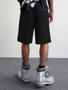 復古 2 合 1 腰帶式運動短褲 男款刺繡 Logo 寬鬆直筒休閒及膝短褲 - 黑與白 - 查看 6