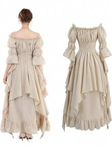 Medieval Style Women's Solid Color Off Shoulder Flared Sleeve Ruched Waist Maxi Elegant Dress Spring - Champagne - View 3