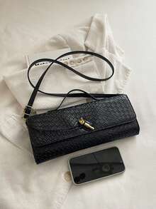 Women's Woven Evening Clutch, Rectangular Handbag With Top Handle And Detachable Crossbody Strap, Vintage Minimalist Shoulder Bag, Suitable For Parties And Daily Commute - Black - View 6