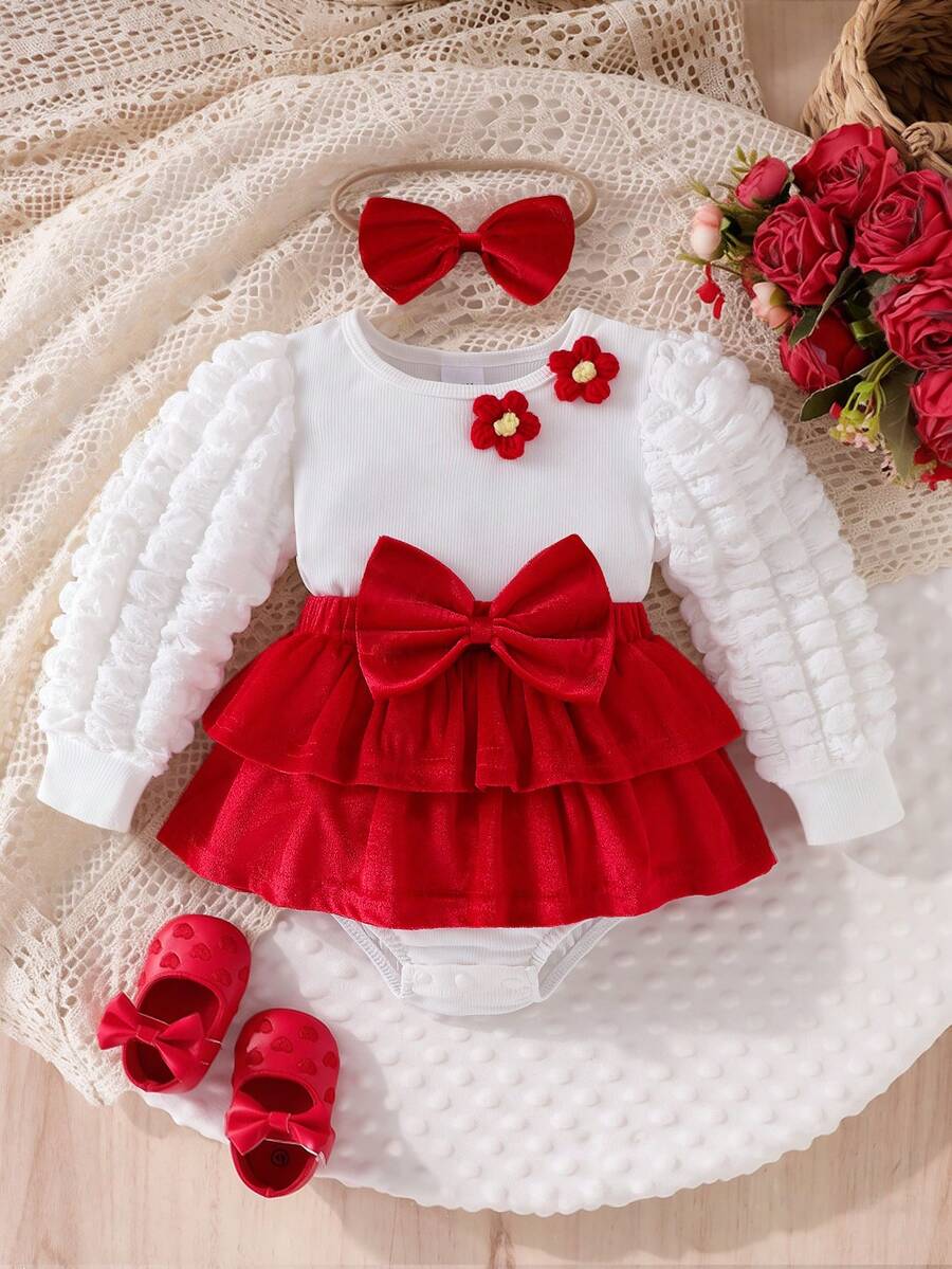 Baby Girl Princess Style 2pcs Set Soft Ribbed 3D Bubble Long Sleeve Patchwork Double Layer Ruffle Cake Dress Tutu Dress With 3D Flower Bodysuit And Matching Bow Headband For Holiday Party Outfit - Red - View 1