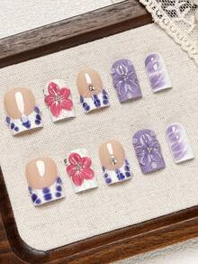 10pcs Handmade Short Square Press On Nails, Nude Purple Color With Bubble French Edge, Two-Tone Gradient, 3D Red & Purple Floral, Wavy Textured Gel-X Nails, And Tiny Silver Rhinestone Pattern Nail Tips. Suitable For Party, Great Gift For Women - Multicolor - View 13
