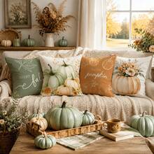 4件組 Hello Pumpkin Give Thanks 抱枕套 17.7x17.7英吋，秋季感恩節豐收居家沙發裝飾 - 彩色 - 查看 4