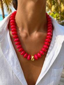 Bohemian 2pcs/1pc Vintage French Elegant Fashion Hip Hop Bohemian Vacation Style Bling Bling Dopamine Colorful Red Green Resin Acrylic Beaded Gold Accessories Minimalist Women's Adjustable Necklace Set Personalized Exaggerated Unique Y2K Layered Y-Shaped Collarbone Chain Sweater Chain Suitable For Women Summer Beach Vacation Party Evening Dinner Music Festival Date Gift Daily Wear All Season Versatile Jewelry - Multicolor - View 3