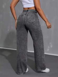 Calça Wide Leg Grafite Pantalona Jeans Feminina Cintura Alta Levanta Bumbum PLUS Size - Chumbo - Visão 5