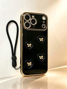 3D Gold Bow Heart Glossy Plating Phone Case With Lanyard, Coquette Aesthetic Luxury Black Gold Shockproof Protective Cover Compatible With IPhone 17/16/15/14 Pro Max & S25 Ultra/S24/S23/A Series, Ins Korean Sweet Cool Anti-Drop Phone Shell Gift For Women - Black - View 4