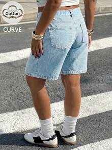 Plus Size Women's Washed Denim Straight Leg Bermuda Shorts, Mid-Waist Loose Fit Straight Leg Capri Pants, American Casual Versatile Bottoms - Light Wash - View 5