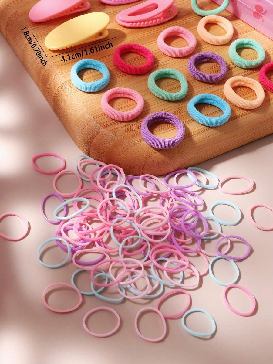 1 Box Sweet Pink Purple Small Rubber Band Hair Ties Macaron Colorful Oval Small Hair Clips Women Ponytail Hair Tie Side Hair Clips Daily Cute Cartoon Hair Accessories Set (Random Color) - Multicolor - View 1