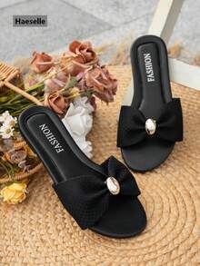 女款圓頭平底涼鞋，寬版楦頭，清新蝴蝶結裝飾，高級金色扣環，易穿脫，春夏戶外休閒田園度假風，街頭時尚沙灘拖鞋 - 黑色 - 查看 10