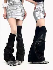 1 Pair Y2K Subculture Black Leather Patchwork Ribbed Hot Girl Style 3D Pocket Tech Stacked Socks And Slim-Fit Leg-Lengthening Leather Leg Warmers - Black - View 5