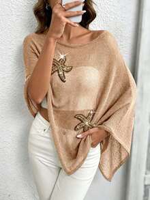 Plus Size Starfish Pattern Vacation Style Asymmetric Design Cape Knit Top Summer - Apricot - View 8