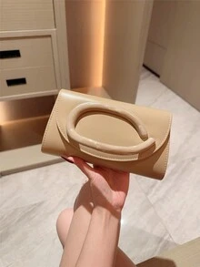 1pc European And American Fashion Metal Decor Mini Box Clutch, High-End Shiny Metal Strip Handle Women's Handbag, Elegant Luxury Evening Bag For Formal Dress, PU Leather Party Bag/Romantic Wedding Clutch/Ball Bag, Cocktail Bag, Back To School Dance Bag With Metal Chain - Apricot - View 4