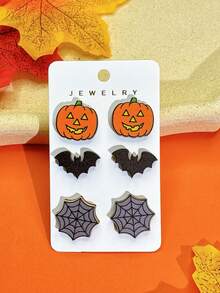 1 Set 3 Pares de Pendientes de Botón de Madera con Diseño de Dibujos Animados de Halloween, Pendientes Divertidos y Caprichosos de Maíz Dulce, Calabaza, Fantasma, Gatito, Murciélago y Telaraña, Set de Pendientes de Regalo Festivo para Mujeres - Multicolor - Ver 2