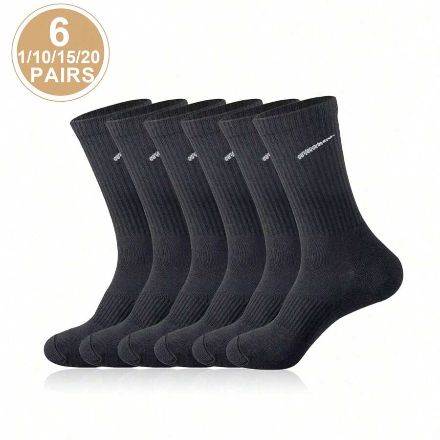 1/6/10/15/20 Pairs Men's White Solid Color Mid-Calf Breathable Versatile Socks - Black - View 1