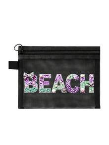印有「Beach」文字與閃亮水鑽圖案的沙灘網格包，可攜式化妝收納包，適合存放口紅與氣墊粉撲，充滿海岸風情。透明大容量旅行化妝收納袋，夏威夷風網格化妝包，適合沙灘度假、購物、休閒度假、健身，適合作為母親節禮物、情人節禮物、教師節禮物，適合女性旅行、短途旅行與日常出行。 - 彩色 - 查看 14