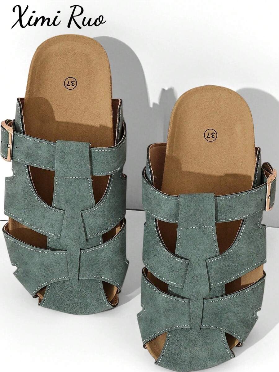 Ximi Ruo Sandal Selop Kasual Bertali Model Baru Musim Semi/Panas, Sandal Pantai Selop Nyaman dengan Hak Datar dan Ujung Bulat, Sandal Datar Dekoratif Serbaguna untuk Musim Panas - Lime Green - View 1
