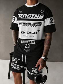 Fractyr Men's Racing Chicago 23 Letter Colorblock 2-Piece Set, Crew Neck Short Sleeve T-Shirt And Drawstring Racing Shorts Matching Sports Outfit - Black - View 3
