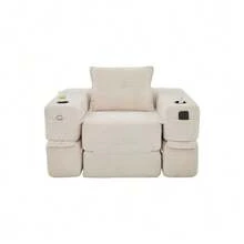 Folding Corduroy Sofa With High-Density Foam And Spring Core For Stable Seating, Side Pocket And Cup Holder, Armrest With Zip, Vacuum Packed, Easy Assembly, For Apartment And Living Room. - 米色 - 查看 1