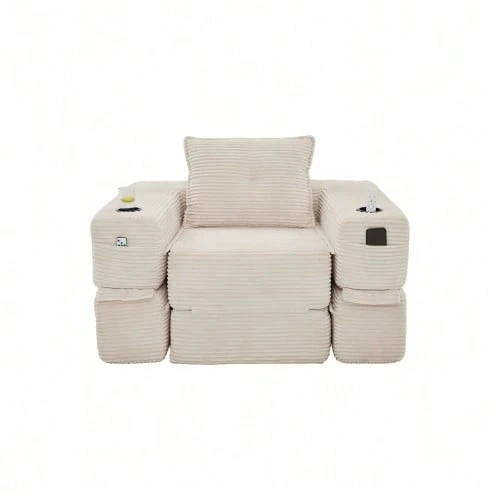 Folding Corduroy Sofa With High-Density Foam And Spring Core For Stable Seating, Side Pocket And Cup Holder, Armrest With Zip, Vacuum Packed, Easy Assembly, For Apartment And Living Room. - 米色 - 查看 1