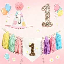 3 pièces Ensemble de décoration d'anniversaire rose, bannière pour chaise haute, couronne d'anniversaire, décoration de fête, accessoires de toile de fond photo pour fête d'anniversaire - 3 pièces couleur - Voir 2