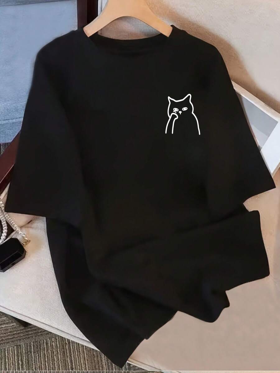 Women's T-Shirt Made Of Pure Cotton With A Unique Design Print, New Summer Style 2026, Loose Fit, Slimming Top For Female Students. - 黑色 - 查看 1