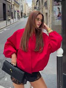 ZAHM Solid Color Fabric Ruched Decor Vacation Jacket - Red - View 1
