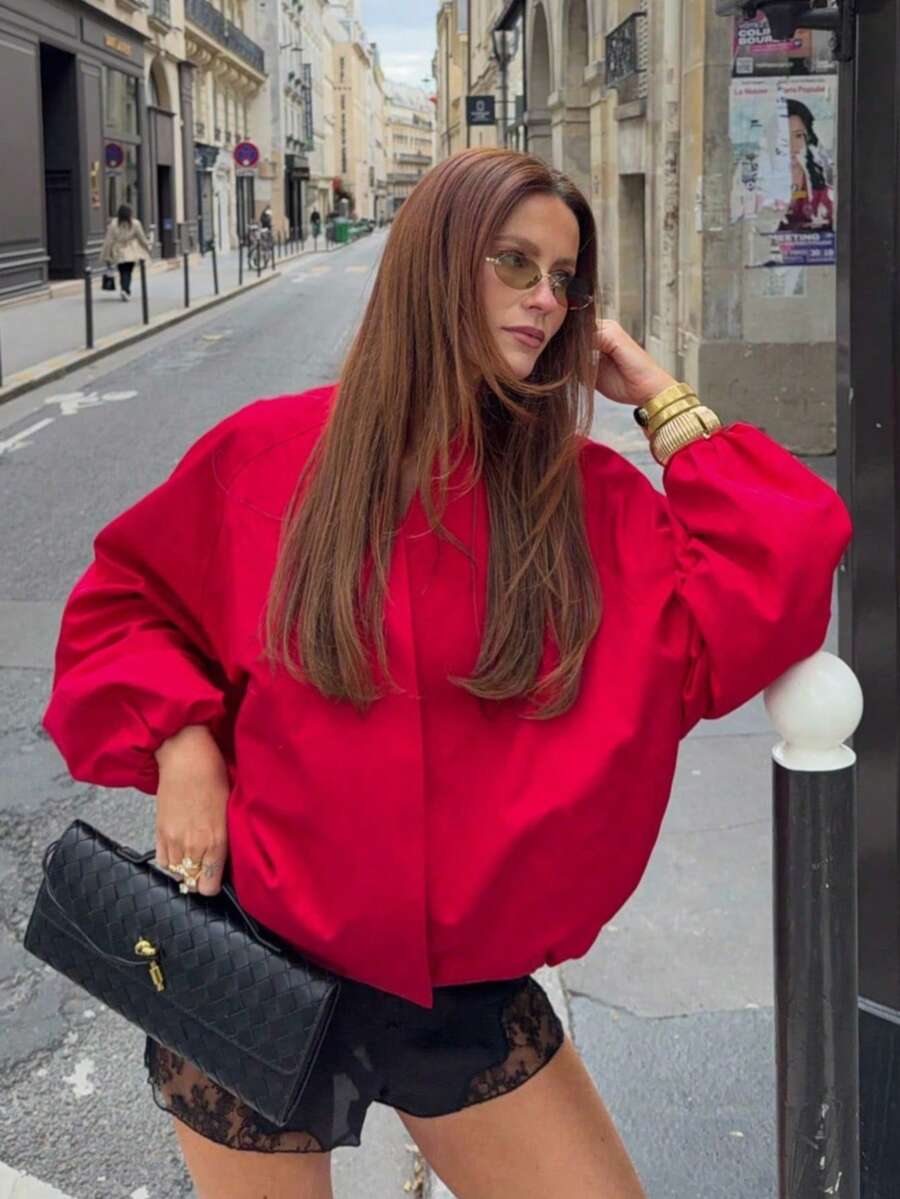 ZAHM Solid Color Fabric Ruched Decor Vacation Jacket - Red - View 1