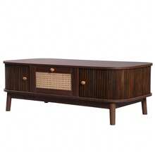 TV Stand And Coffee Table Set, Walnut-Color Living Room Furniture With Sliding Doors, Woven-Style Drawer, Rounded Edge Storage Design - Walnut - View 11