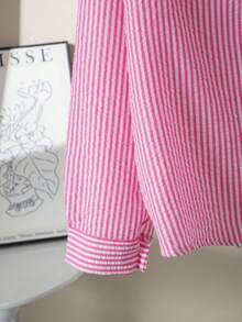 1pc Girls' Turn-Down Collar Asymmetric Shoulder 2-In-1 Vertical Striped Long Sleeve Shirt, Suitable For Daily Casual And Back To School Occasions, Spring/Autumn - Pink - View 6