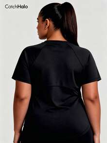 Plus Size Women's V-Neck T-Shirt, Black Breathable Elastic Super Soft Raglan Sleeve Curved Hem, Sports Fitness Top, Summer - Black - View 2