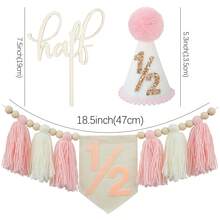 3pcs Pink & White 6 Months Birthday Decoration Set, Handmade High Chair Banner, Felt Birthday Hat And Cake Topper, Birthday Party Decor Cake Decoration Photo Props - View 6
