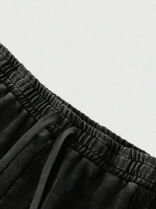 Lonblece Men's Washed Distressed Wide Leg Sweatpants, American Graffiti Letter Print, Heavyweight Drawstring Loose Straight Leg Pants - Black - View 4