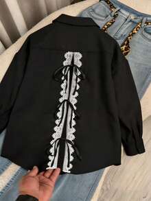 Plus Size Women's Solid Color Dropped Shoulder Long Sleeve Single Breasted Casual Shirt Black - Black - View 5