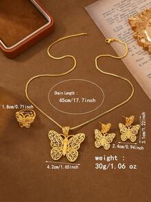 Juego de joyería de 3 piezas con estilo árabe saudí, chapado en oro, con mariposa hueca, 1 collar, 1 anillo, 1 par de aretes, regalo para familiares y amigos - Amarillo Oro - Ver 4