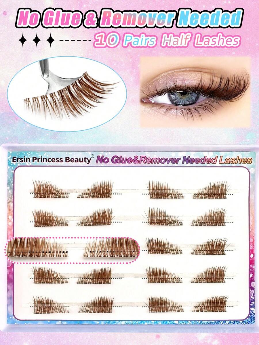 10 Pairs Brown Half-Length False Eyelashes, No Glue And Makeup Remover Needed, Transparent Band Cat Eye False Eyelashes, Natural Self-Adhesive False Eyelashes, Pre-Glued False Eyelashes, Reusable Self-Adhesive False Eyelashes, Lightweight Glue-Free False Eyelashes, Faux Mink False Eyelashes, Waterproof, No Glue Natural Strip False Eyelashes, 3/4 Corner False Eyelashes