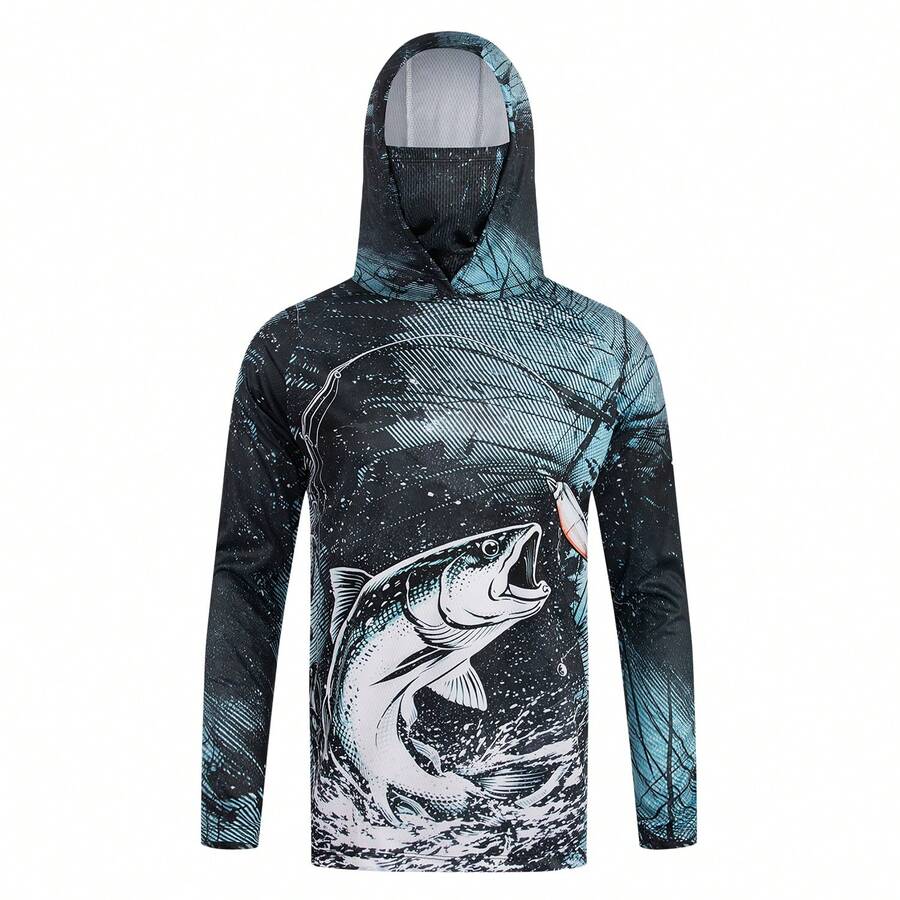 Men's Black & Blue Fish Pattern Hooded Fishing Shirt With Face Mask, Long Sleeve Sun Protection Top Sports - Blue - View 1