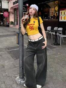 街頭風辣妹短版T恤，極簡字母印花，夏季修身百搭休閒上衣 - 黃色-1 - 查看 2