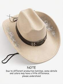 1pc Women's Embroidered Faux Suede Western Cowboy Hat, Vintage, Rose Pattern, Wide Brim, Metal Decoration, Windproof Rope Design, Suitable For Outdoor Activities And Parties, Size M - Top Hat - View 16